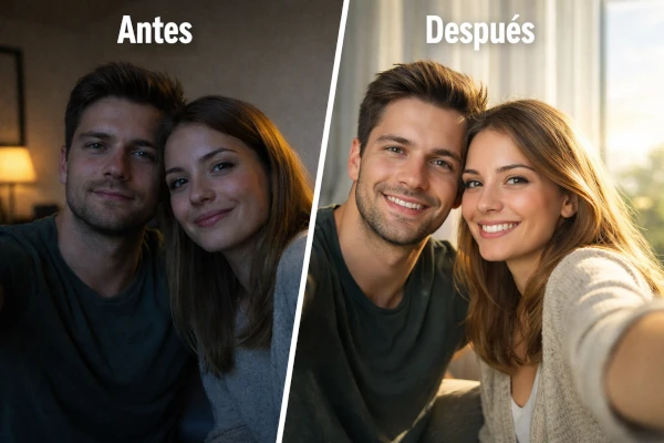 Antes y despues de una foto de personas tomada con celular en casa usando solo la luz de una ventana